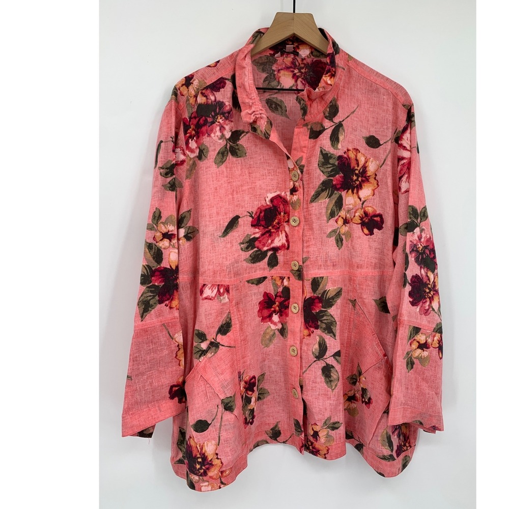 John Mark Shirt Womens 2X Pink Orange Floral Linen Long Sleeve Wire Collar